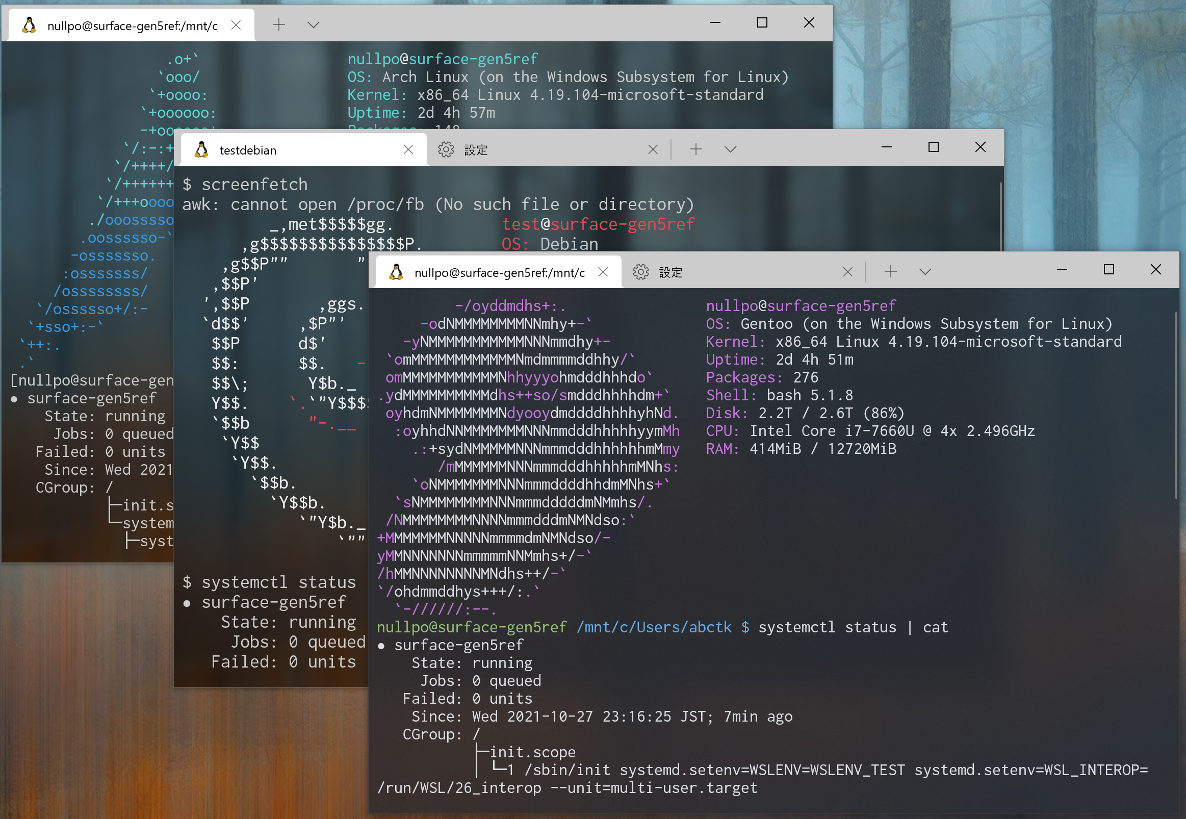 Arch, Debian, and Gentoo are running on WSL 2 with systemd running