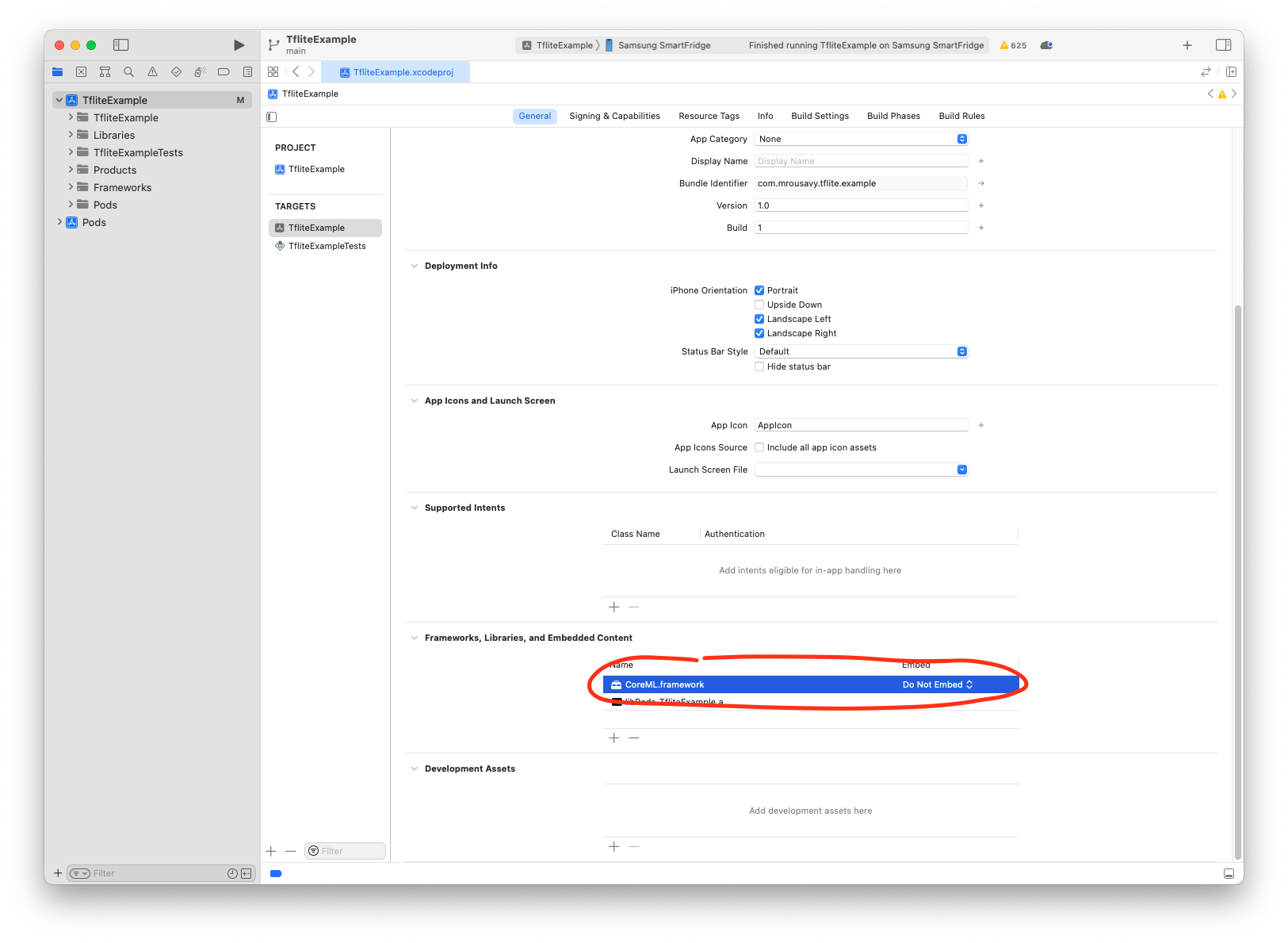 Xcode > xcodeproj > General > Frameworks, Libraries and Embedded Content > CoreML