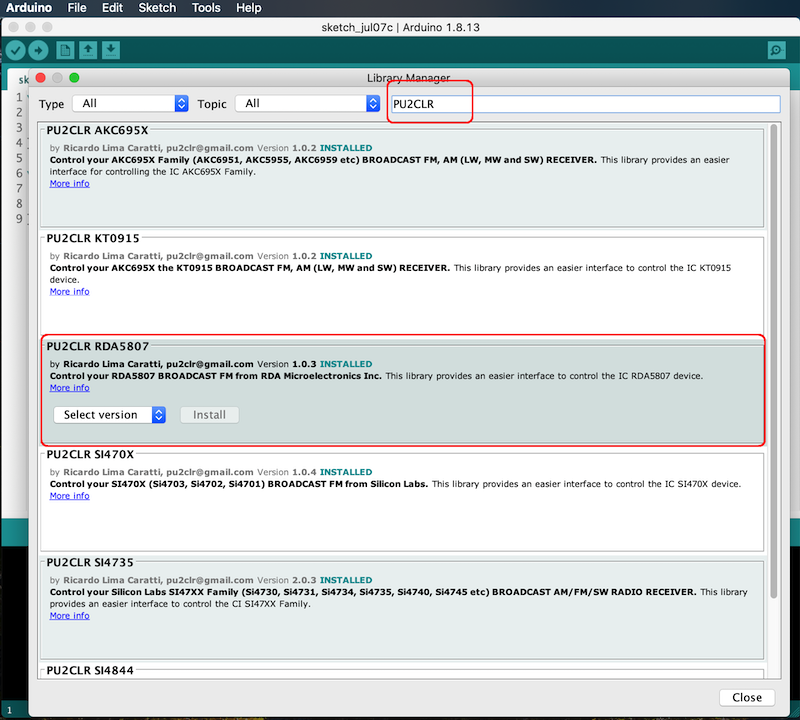 Arduino IDE - Looking for the library RDA5807