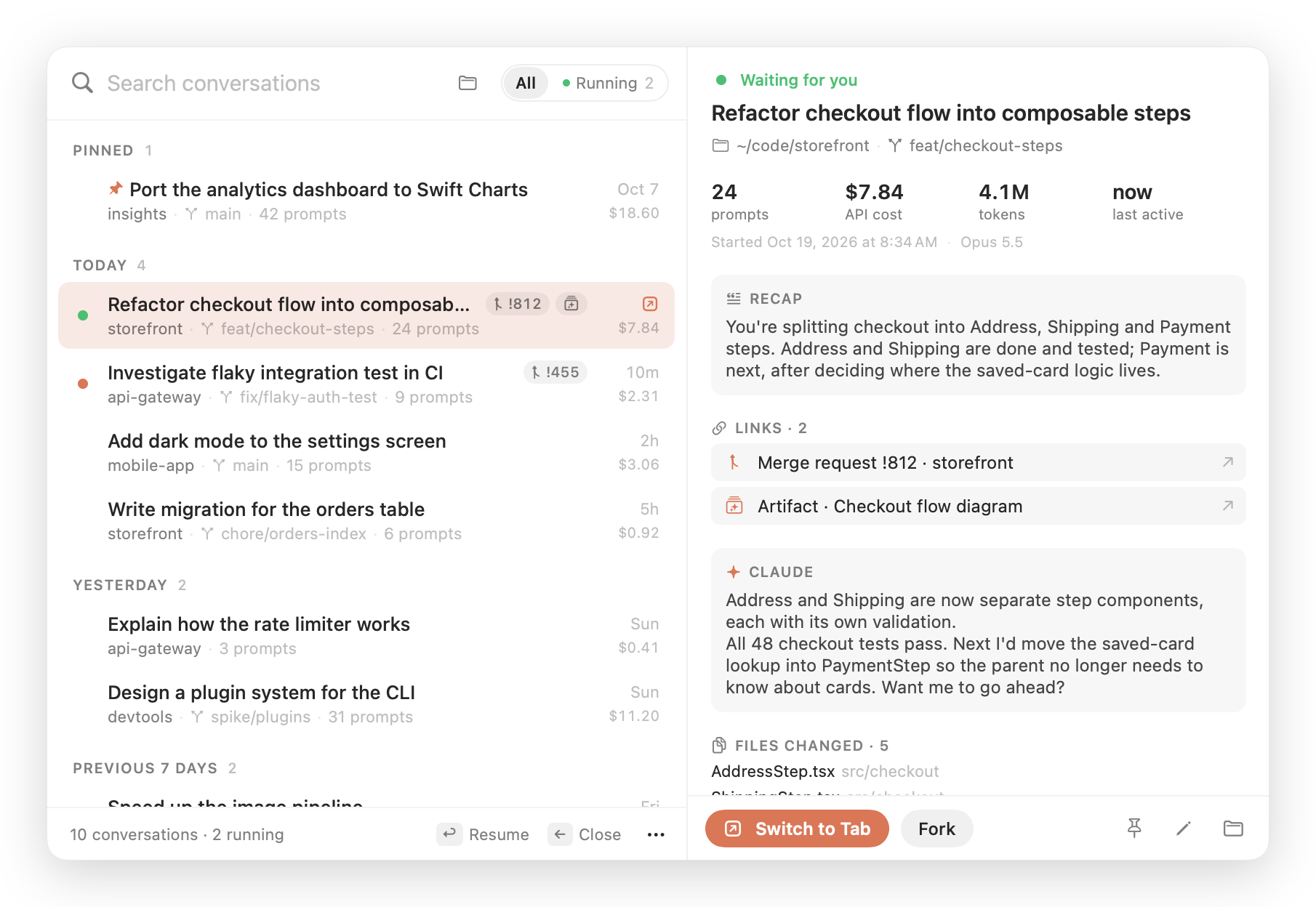 ClaudeResume panel: conversations grouped by day with folder, branch, prompt count, age, cost and merge request chips, and a preview pane showing the selected session's recap, links and Claude's last reply