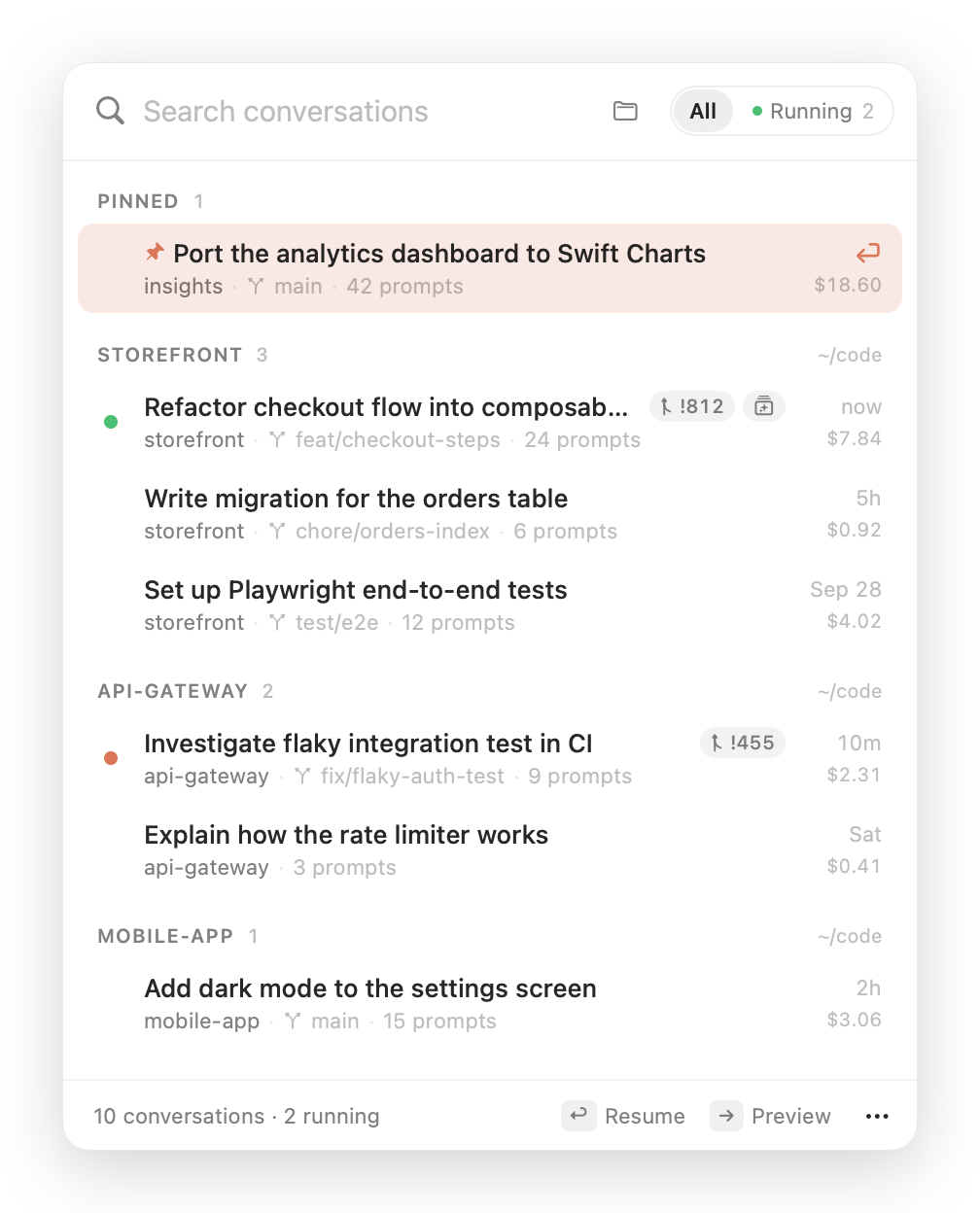 Conversations grouped by project, with a pinned conversation on top