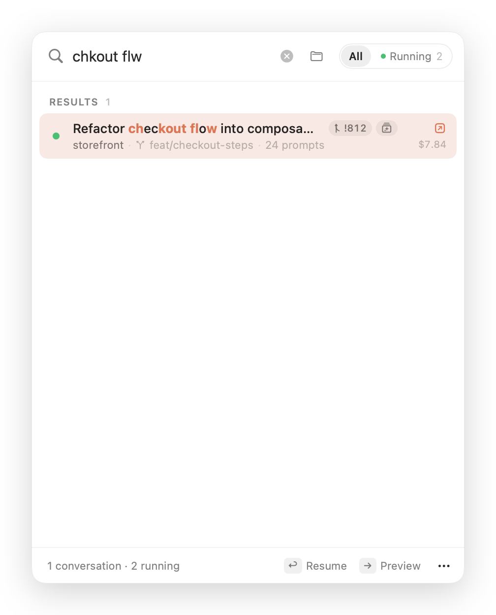 Searching for 'chkout flw' finds 'Refactor checkout flow into composable steps' with the matched letters highlighted