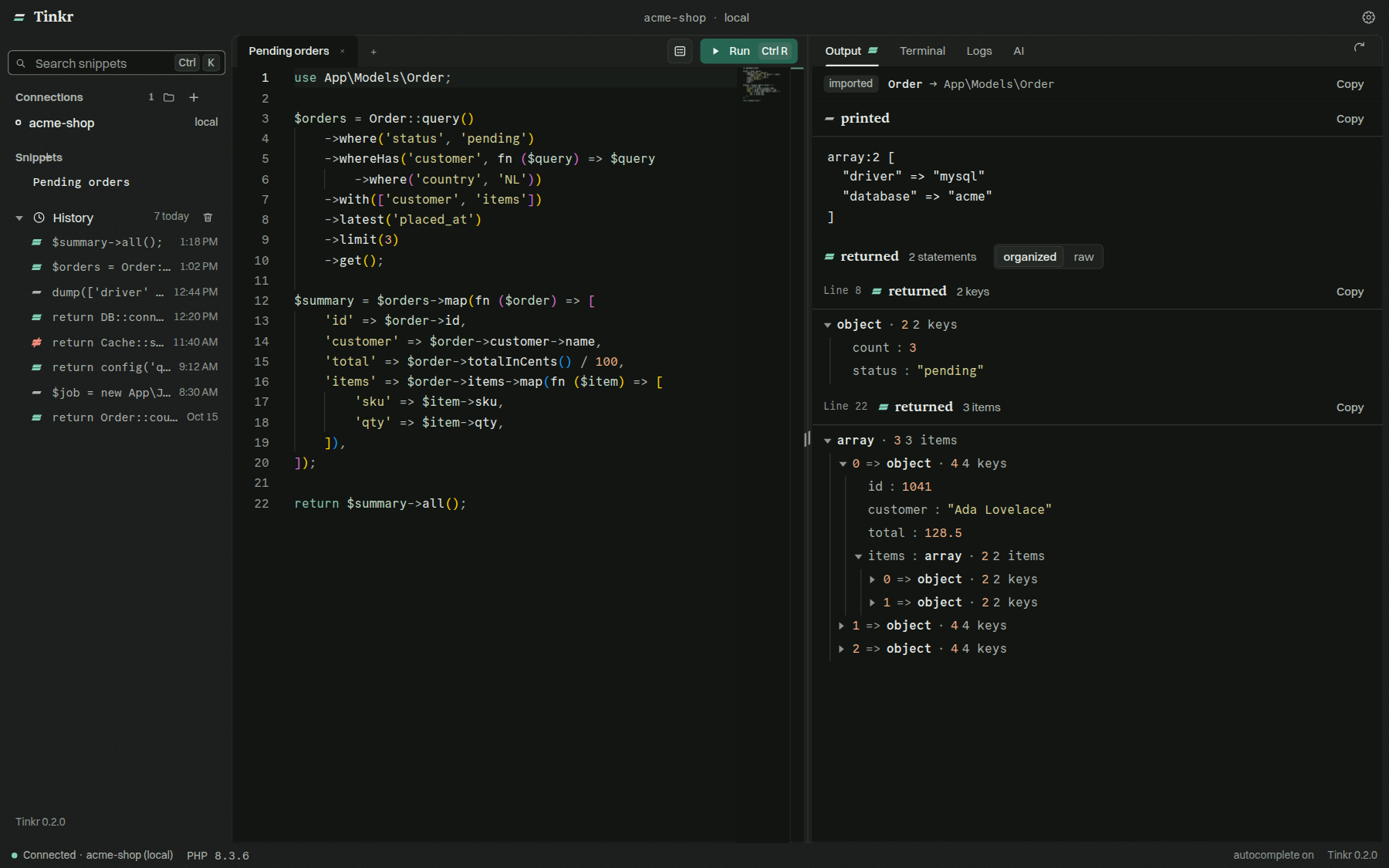 A run's output in Tinkr, and the value it returned