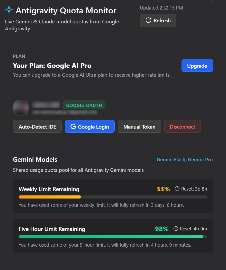 Antigravity Account & Quota Overview