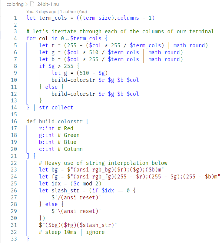 Nushell script with VSDark+ color theme