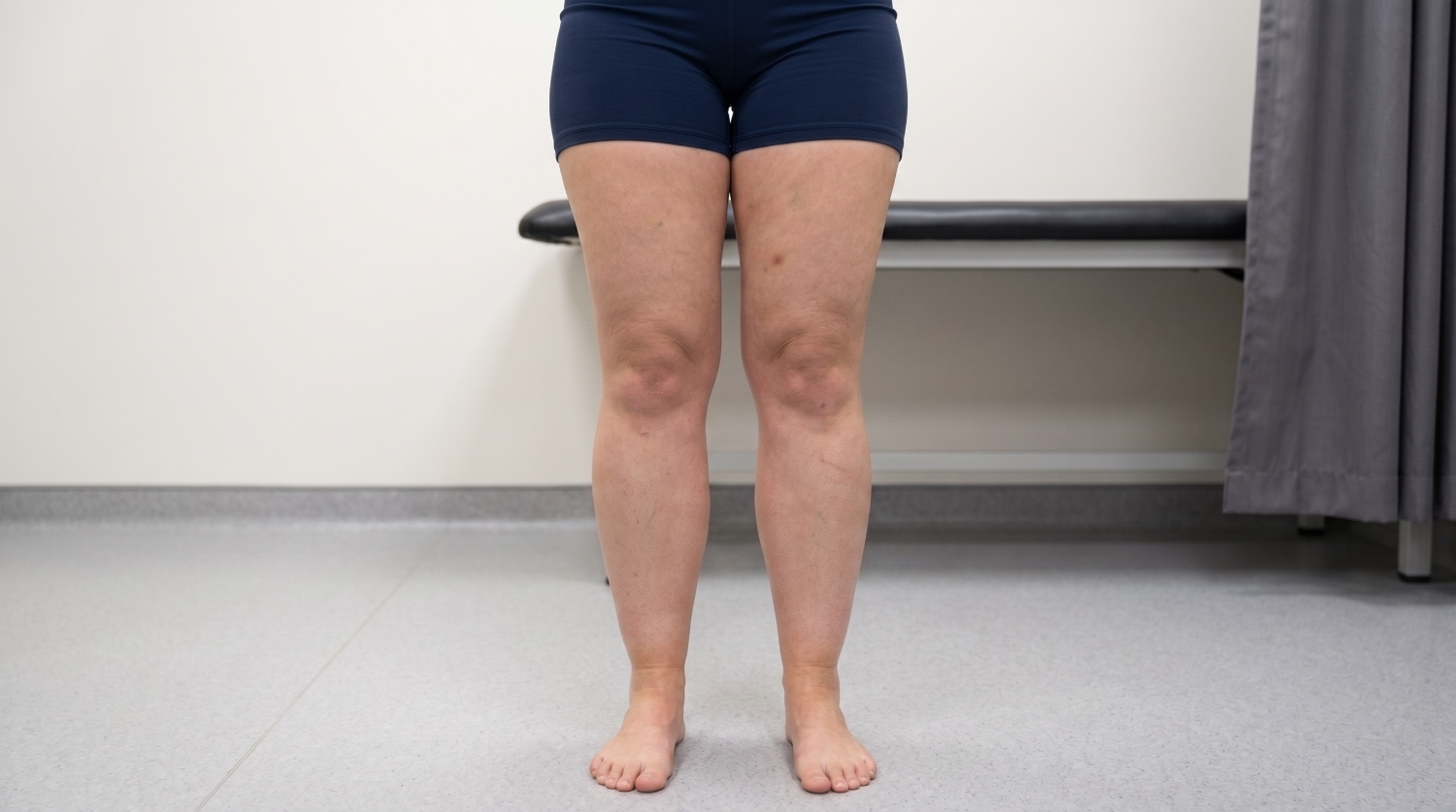 Ilustração educativa de pernas com padrão característico de lipedema, gordura simétrica desproporcional preservando os pés