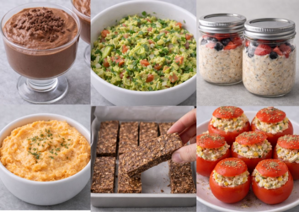 Receitas Saudáveis na Prática Galeria com 6 receitas do Ebook: Mousse, Guacamole, Overnight Oats, Pasta Fit, Barrinhas e Tomates Recheados