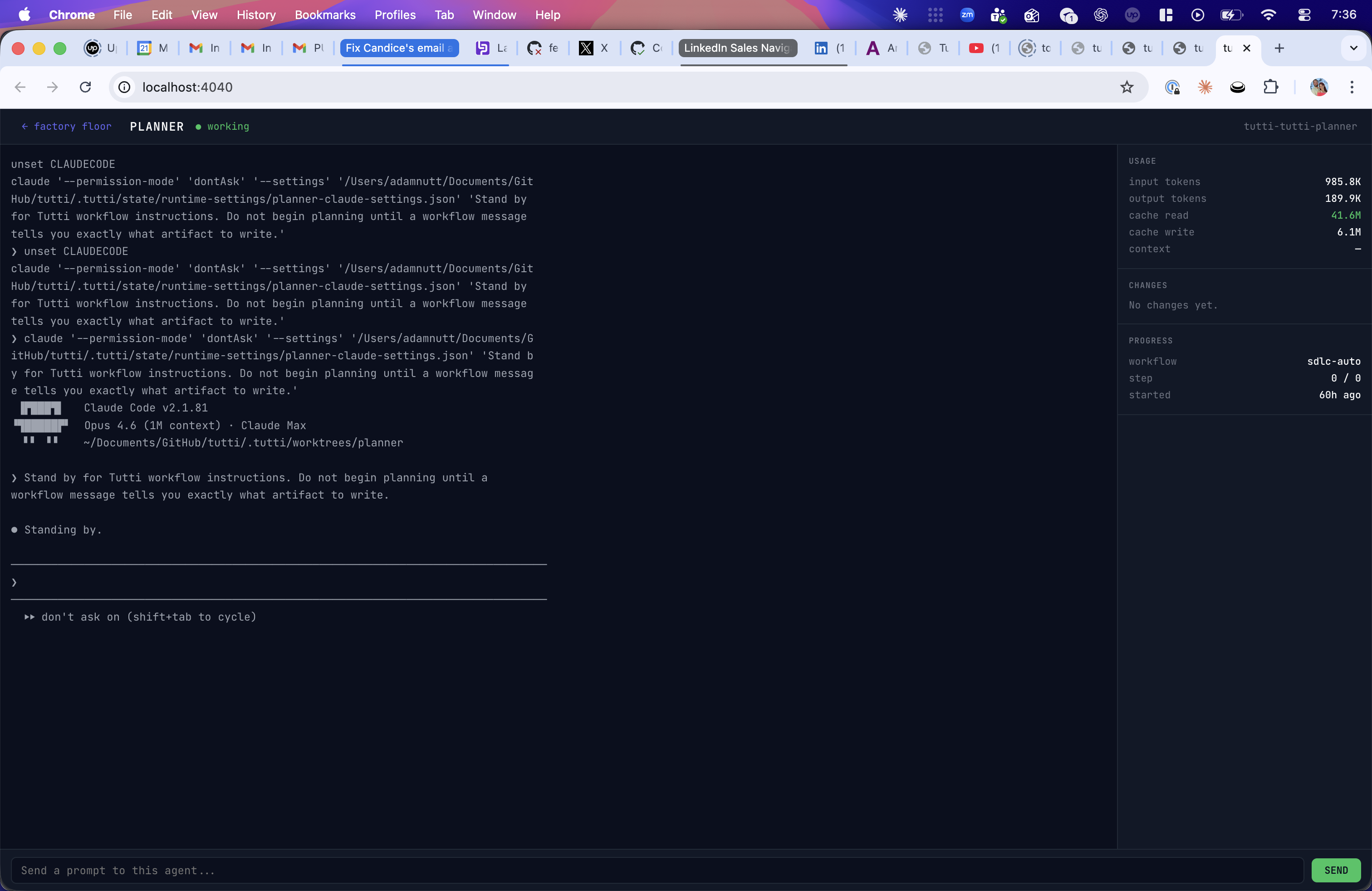 Agent Focus Mode — live terminal, usage stats, git diff
