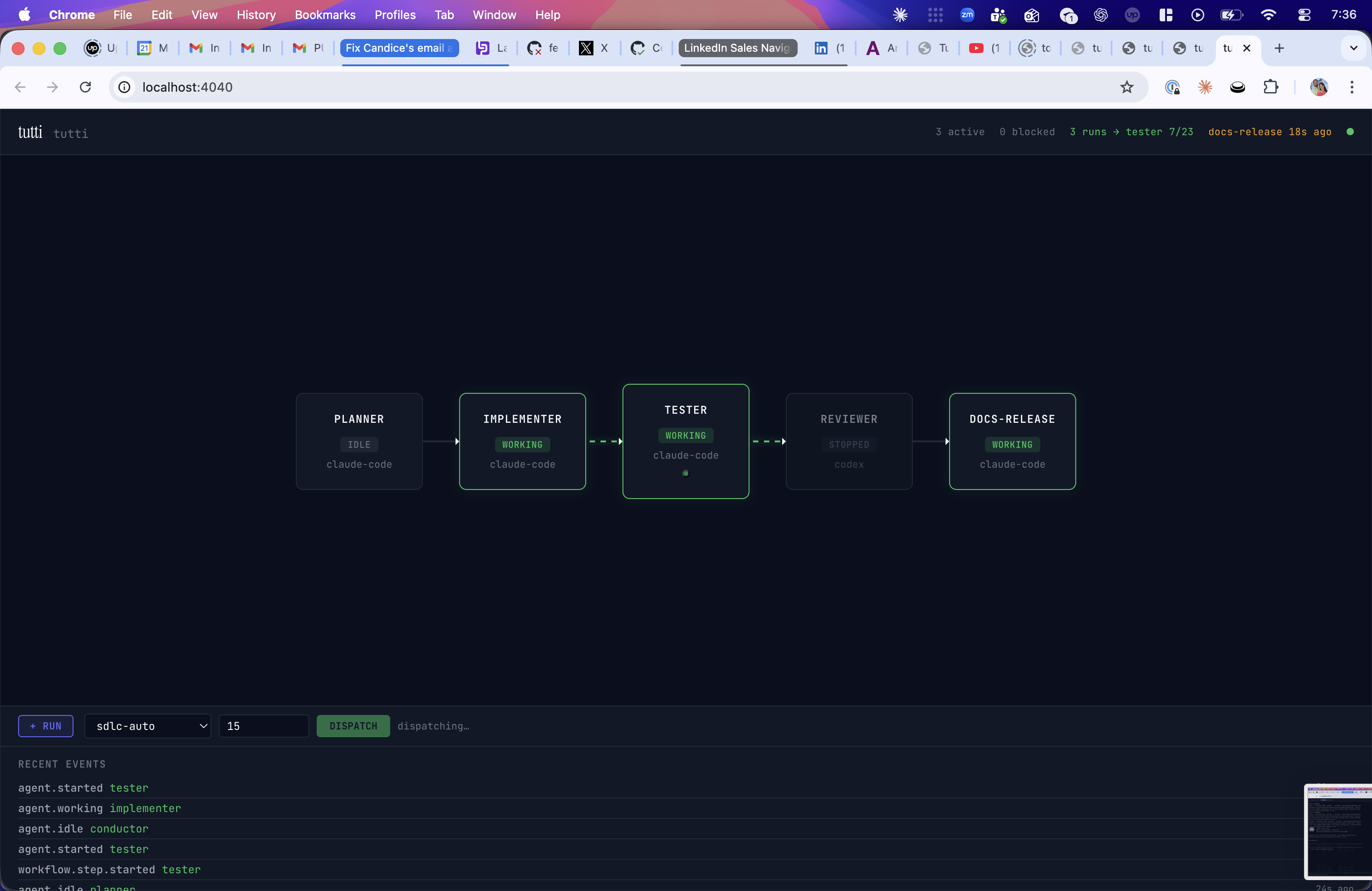 Factory floor — 5 agents working through an SDLC pipeline