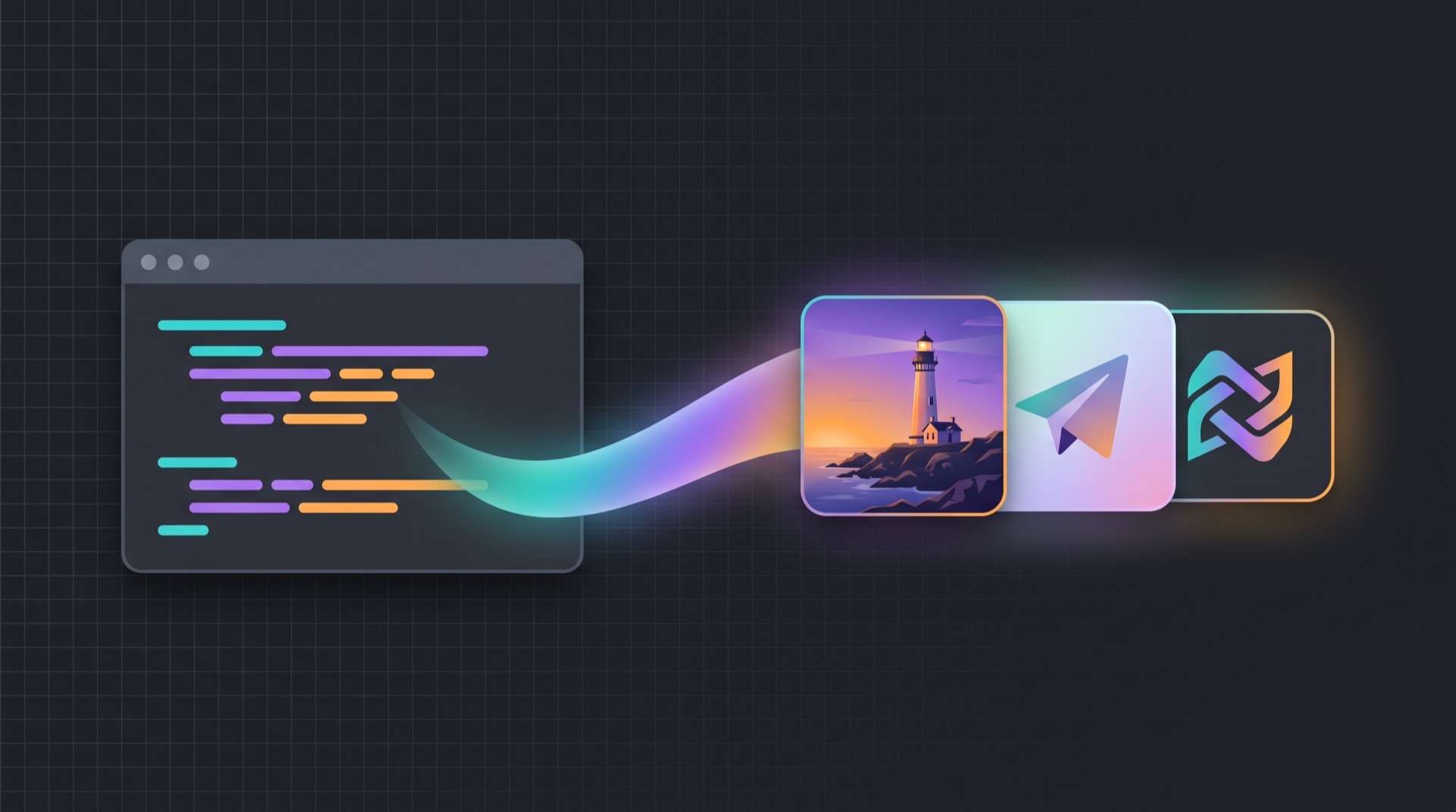 A terminal window emitting a gradient ribbon that resolves into three generated image thumbnails