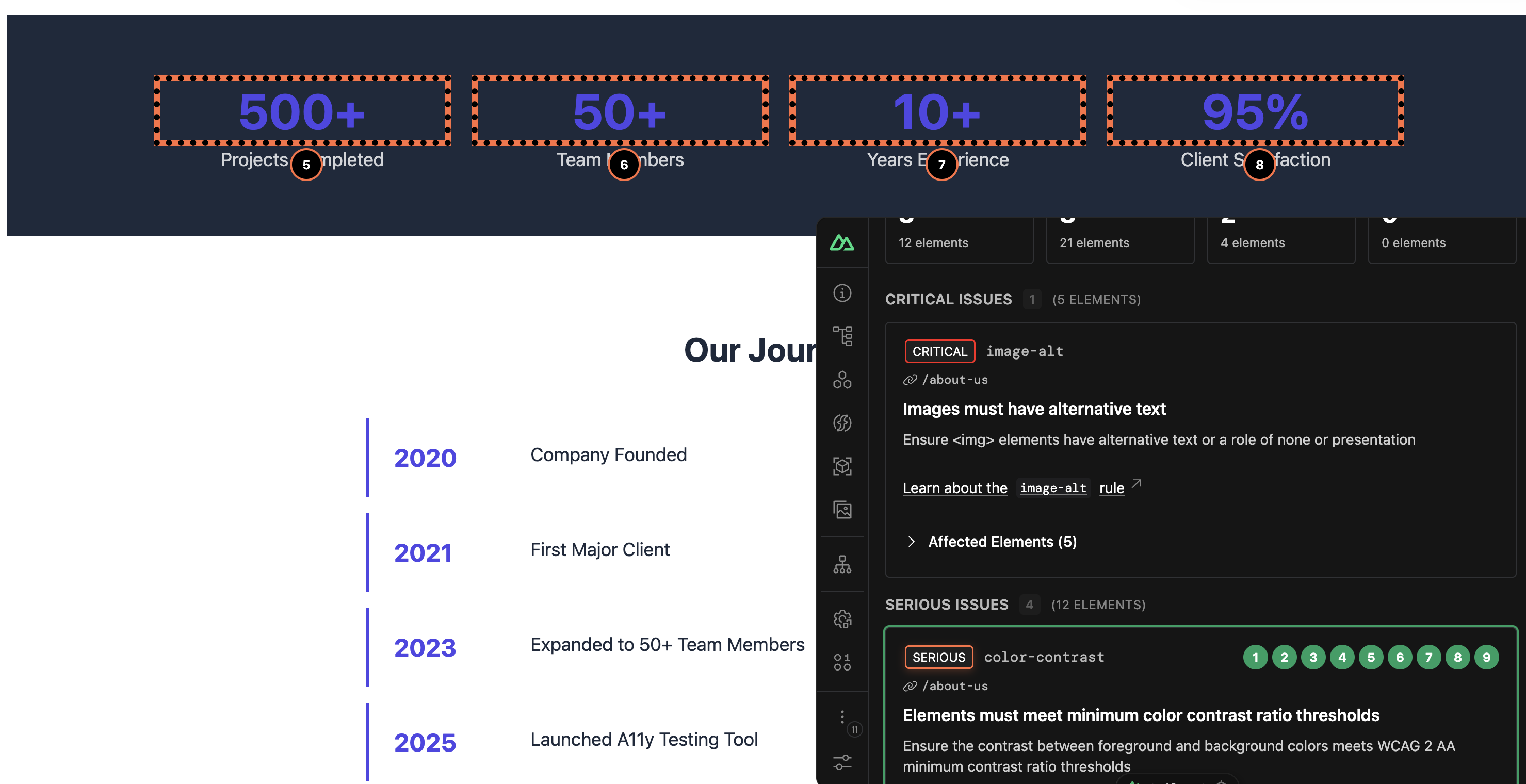 a11y devtools running in the playground app showing issue highlights