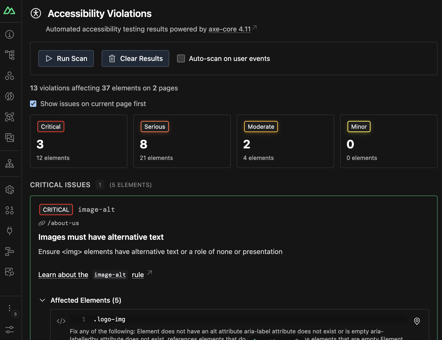 a11y devtools initial screen after scan