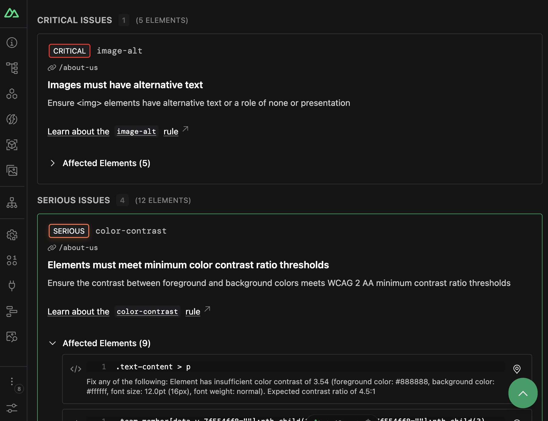 a11y devtools violation cards with expanded affected items section