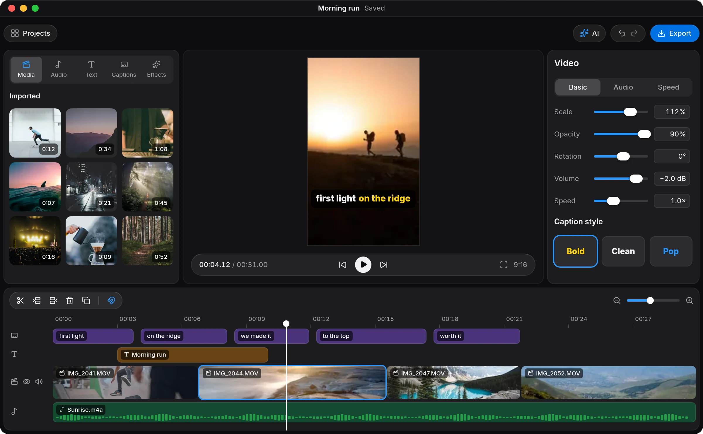 An illustration of the Nuzky editor from nuzky.app: imported clips on the left, a vertical video with captions in the middle, clip settings on the right and the timeline below