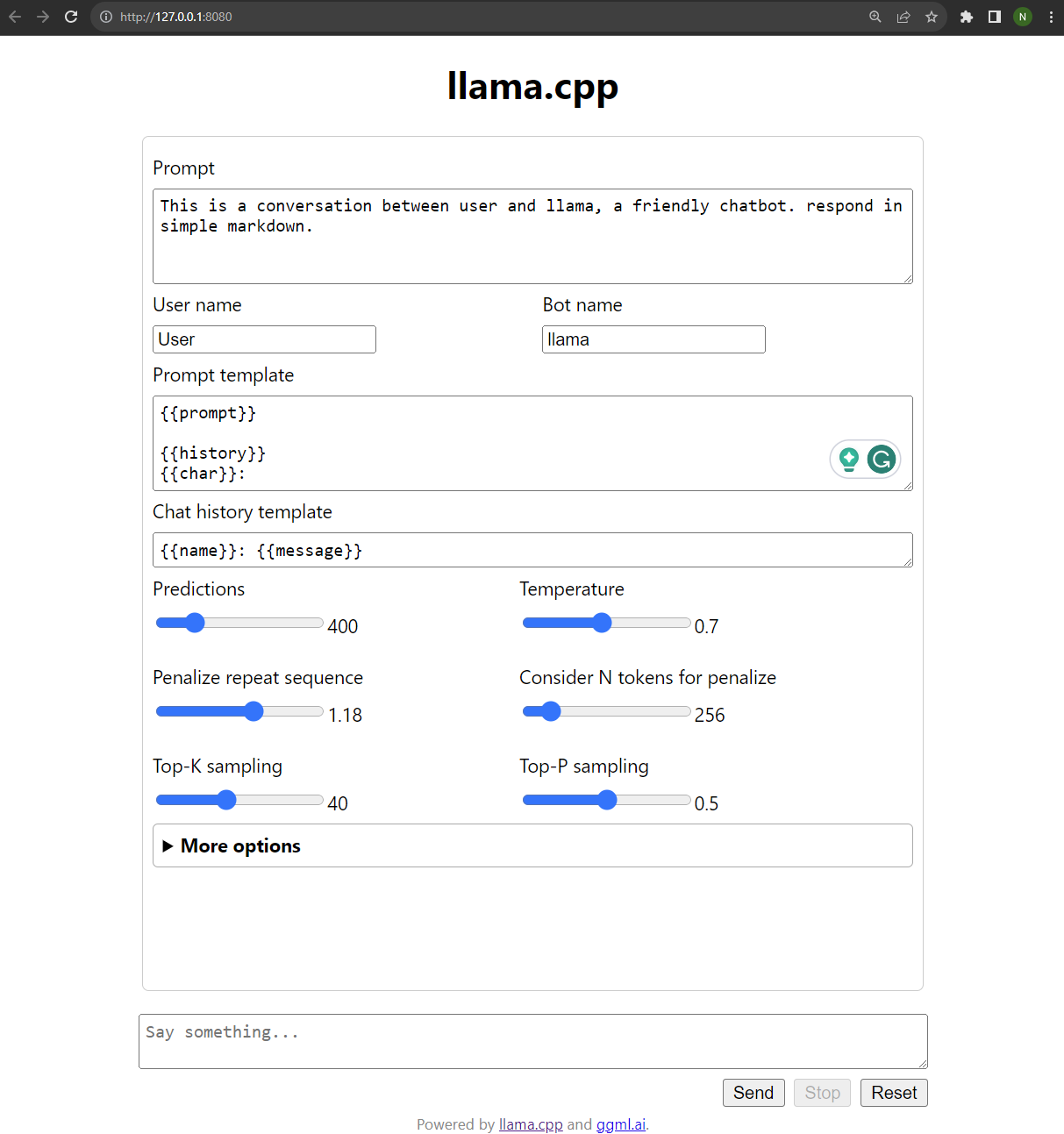 Llama.cpp API web interface