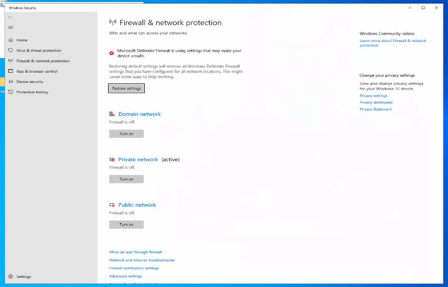 Windows firewall settings