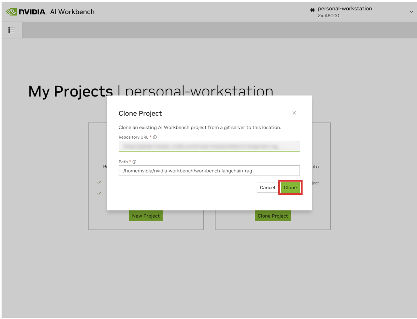 AI Workbench Clone Project Menu