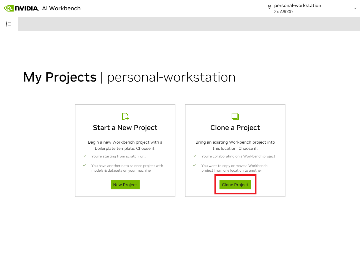 AI Workbench Projects Menu