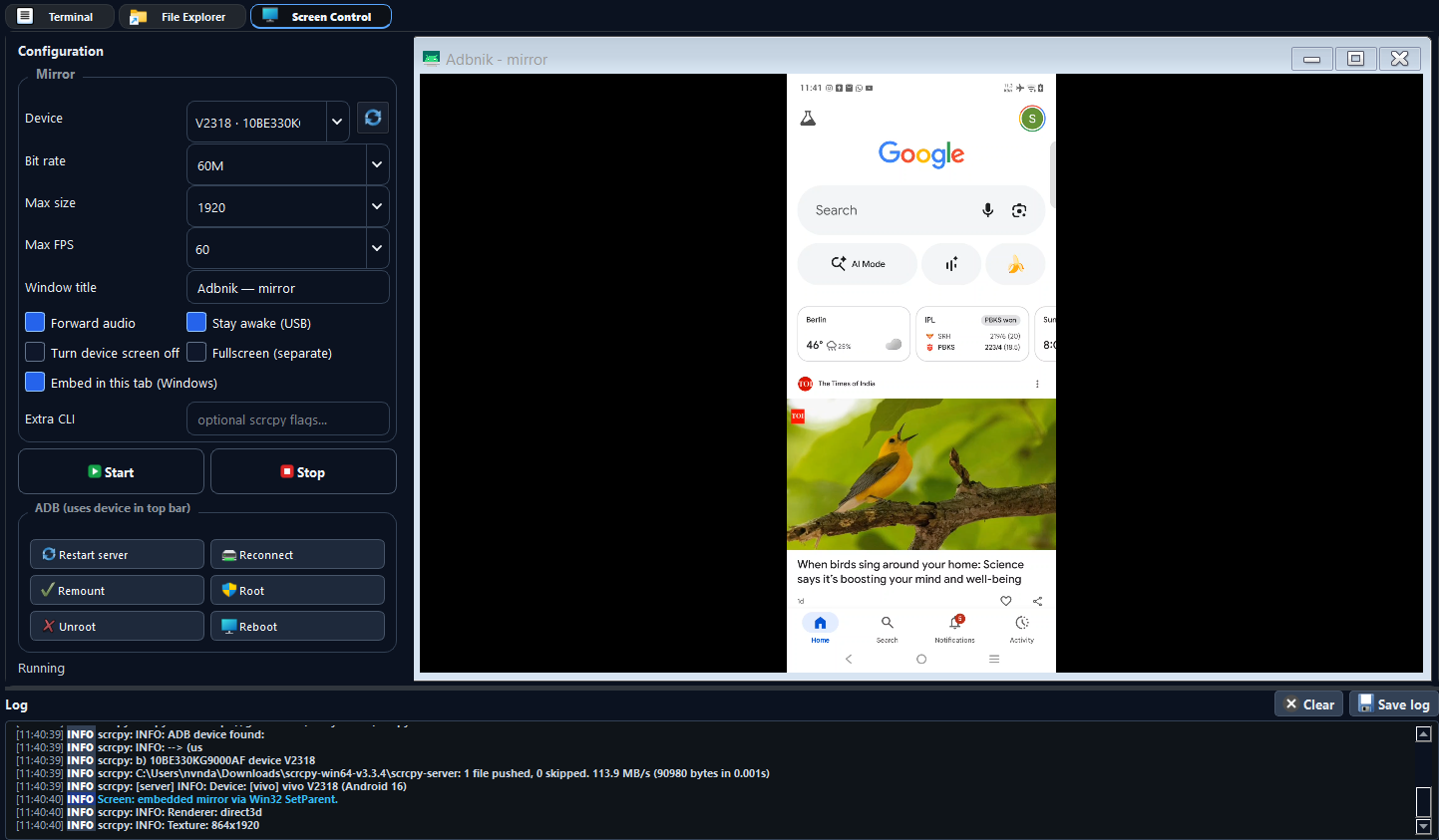 Adbnik screen control