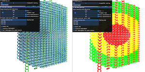 Two screenshots of the gl_vrs sample side by side. On the left, the sample renders 1000 tori. The shading rate for the blue tori decreases as the distance to the center increases; in the periphery, they are not rendered at all. The green tori, on the other hand, are always rendered at full (1x1) shading rate. On the right, the sample shows the shading rate per pixel.