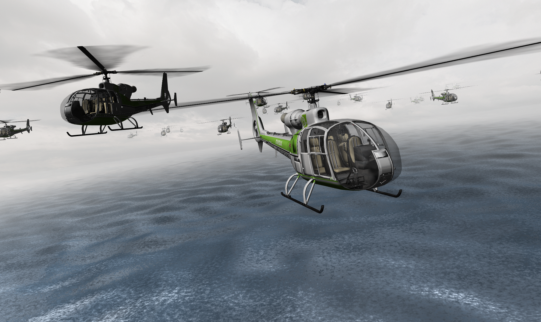 Sample screenshot: Helicopters fly through the sky above an ocean.
