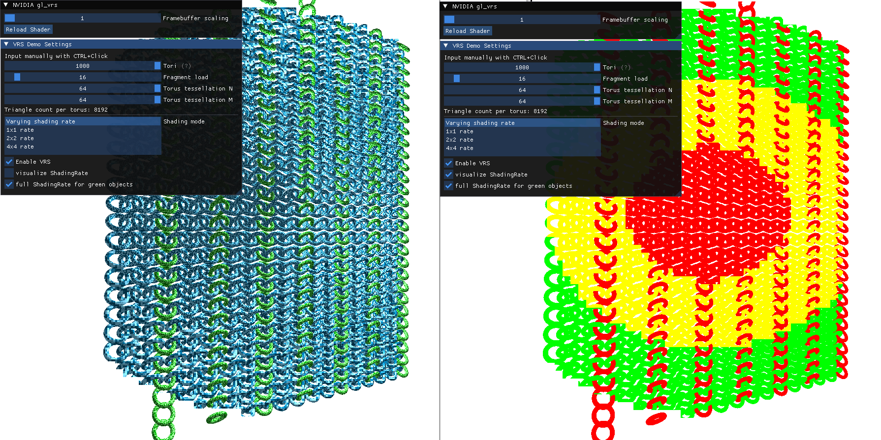 Two screenshots of this sample side by side. On the left, the sample renders 1000 tori. The shading rate for the blue tori decreases as the distance to the center increases; in the periphery, they are not rendered at all. The green tori, on the other hand, are always rendered at full (1x1) shading rate. On the right, the sample shows the shading rate per pixel.