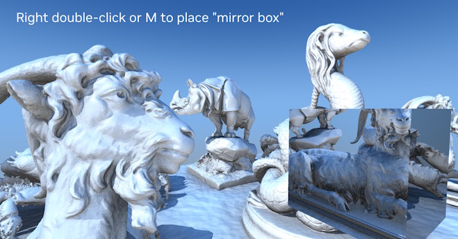 image showcasing the mirror box effect, a reflective box is placed into a scene of animal statues