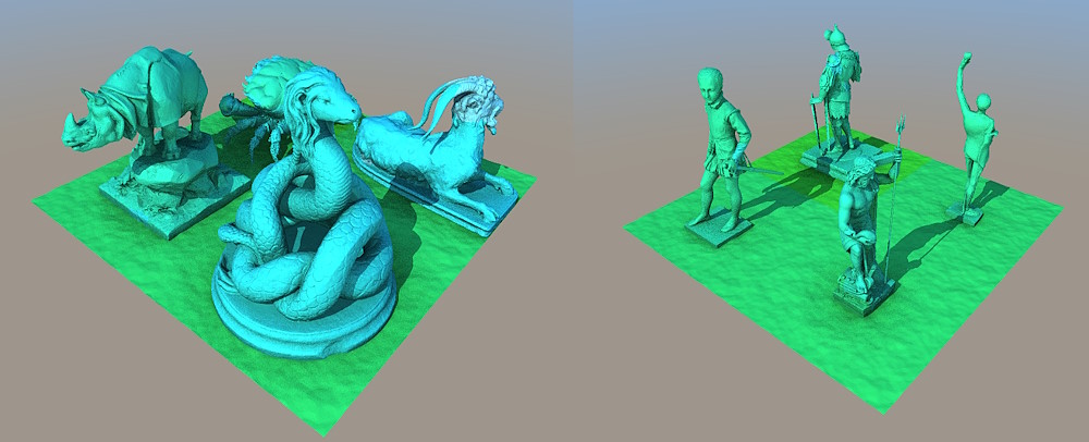 screenshot showing two separate renderings of statues for humans or animals arranged on a grid