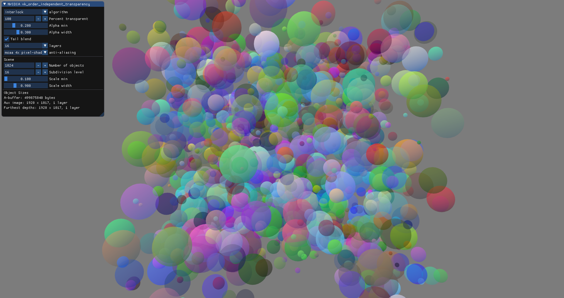 Shows a thousand semitransparent spheres on a gray background with a user interface in the top-left corner.