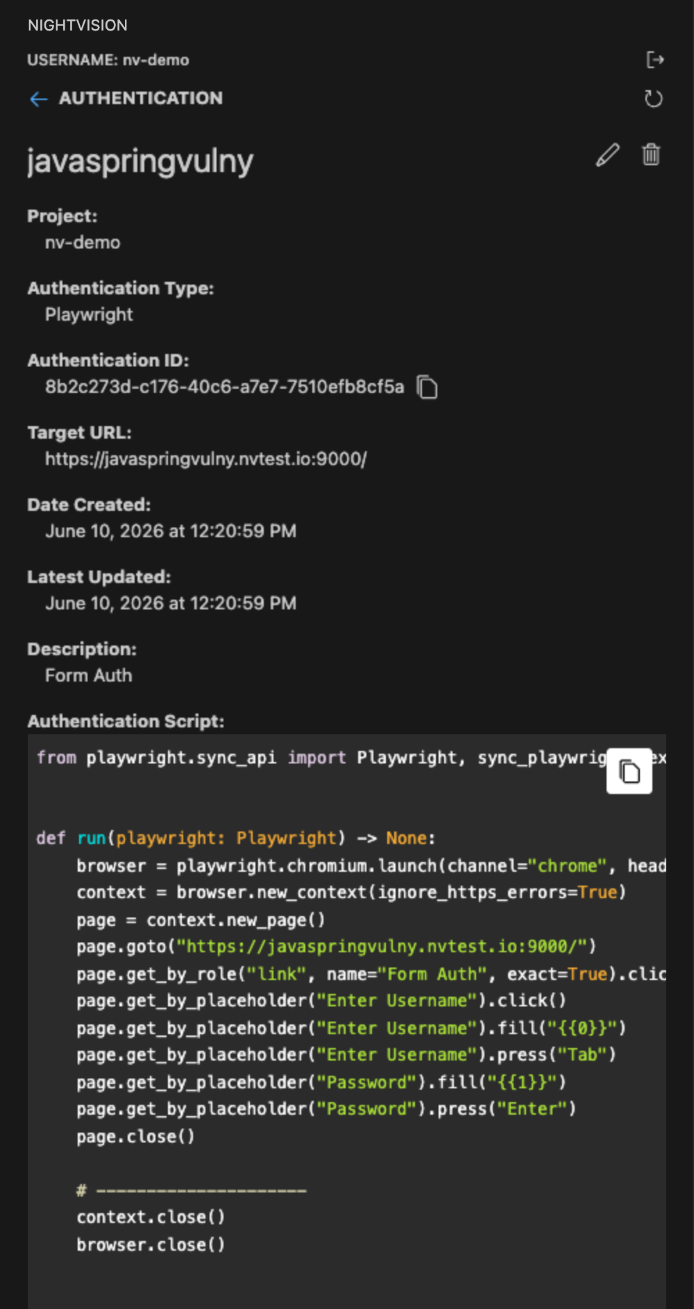 Authentications page