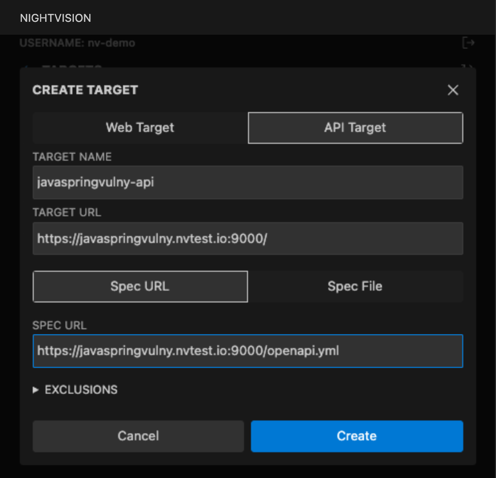 Targets page - API Target
