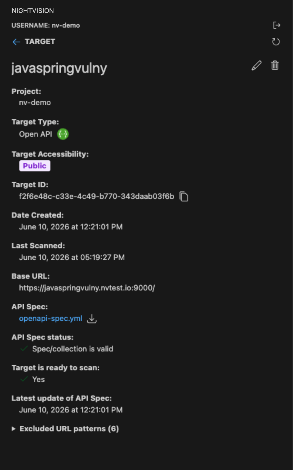 Targets page - details