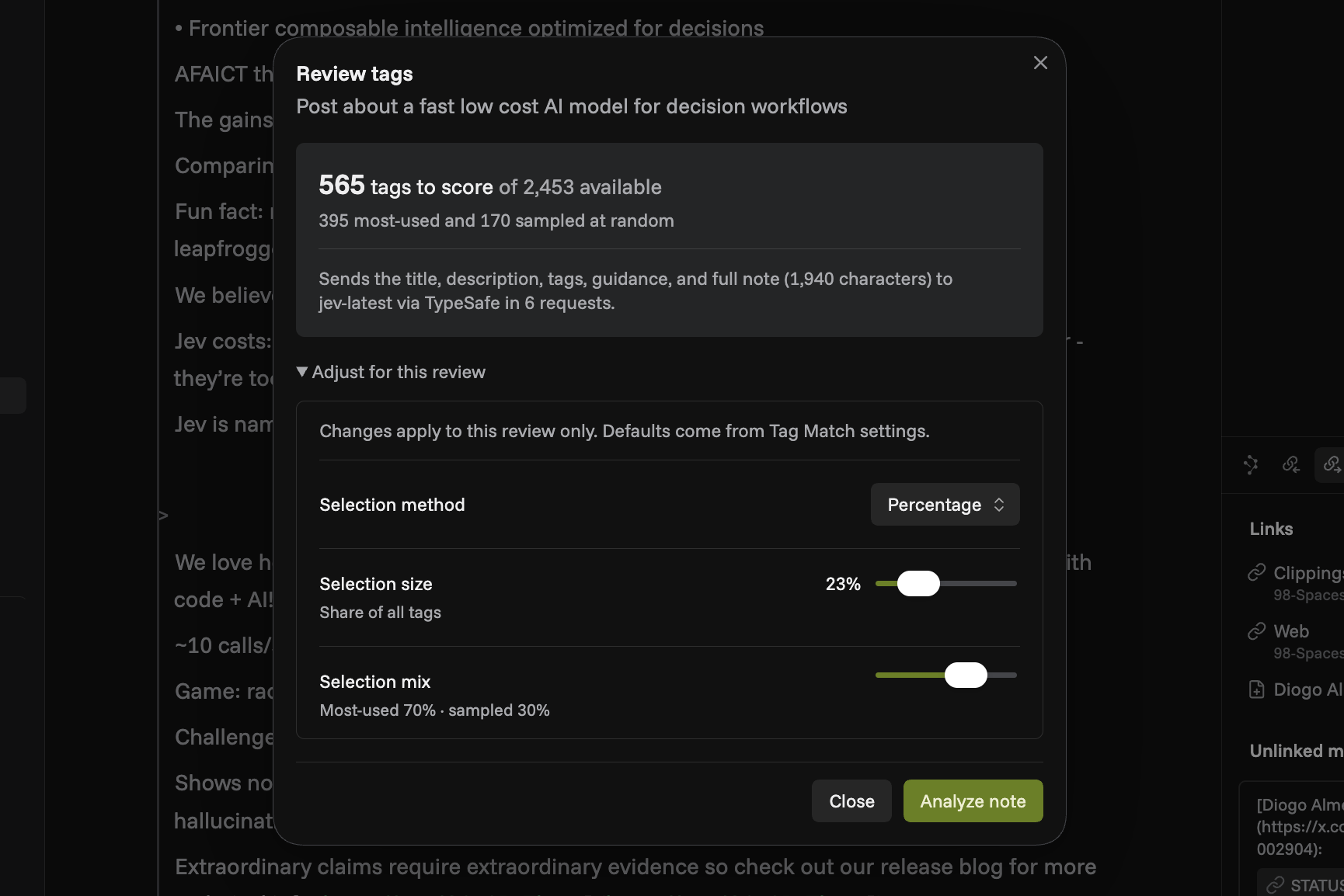 Review dialog showing the tags to score, note-specific selection controls, and what analysis sends.