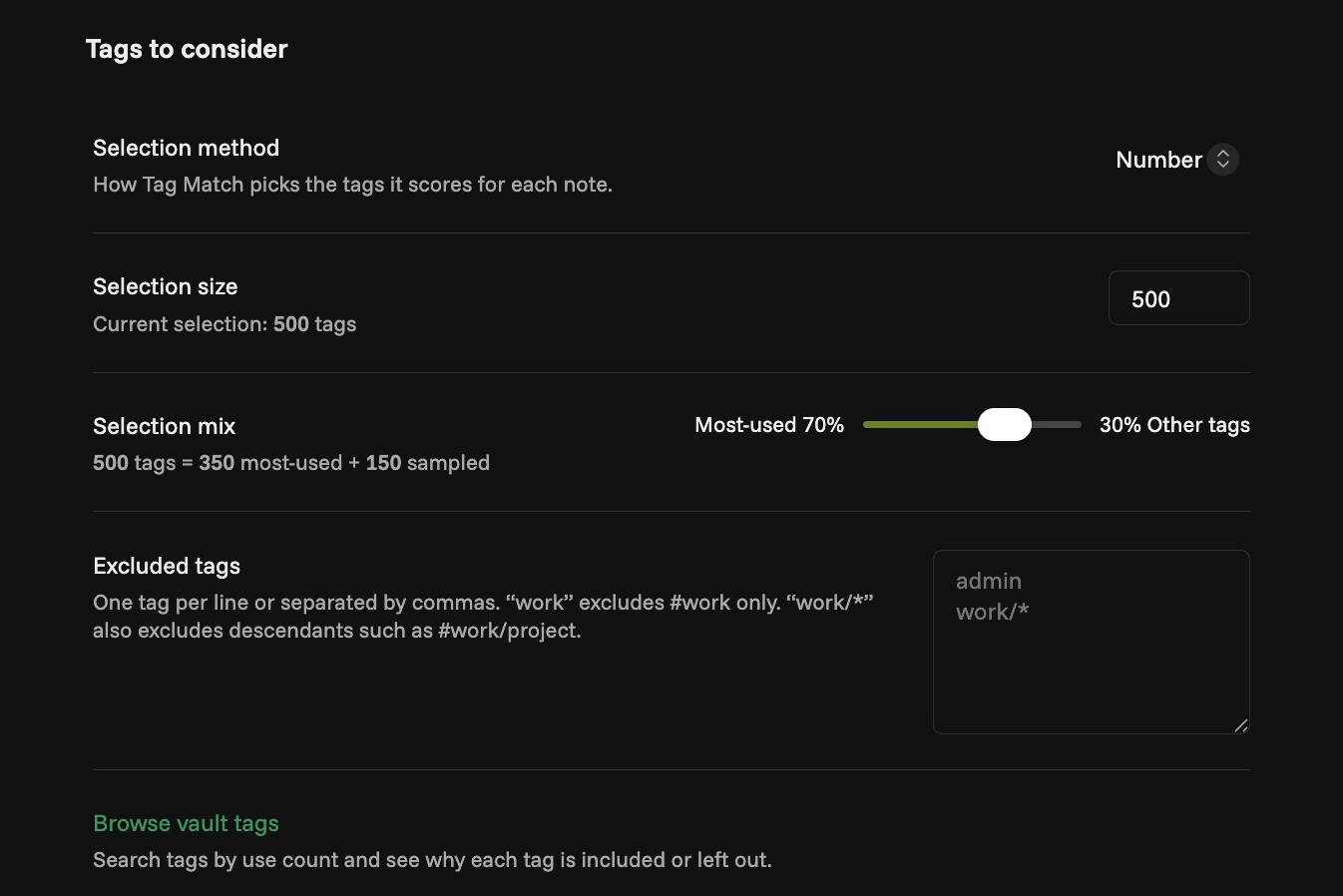 Tag selection settings showing a 500-tag shortlist split between most-used and sampled tags, with exclusions.