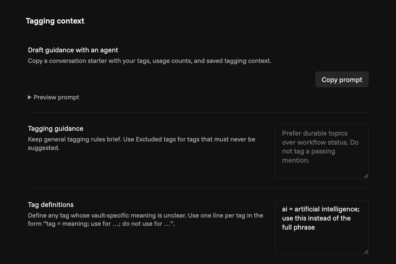 Tagging context settings with guidance, tag definitions, and a prompt to draft guidance with an agent.