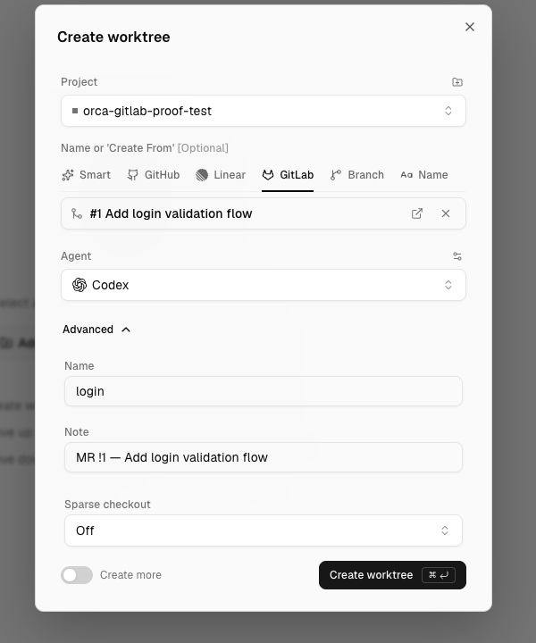 Advanced panel — name 'login', note 'MR !1 — Add login validation flow'