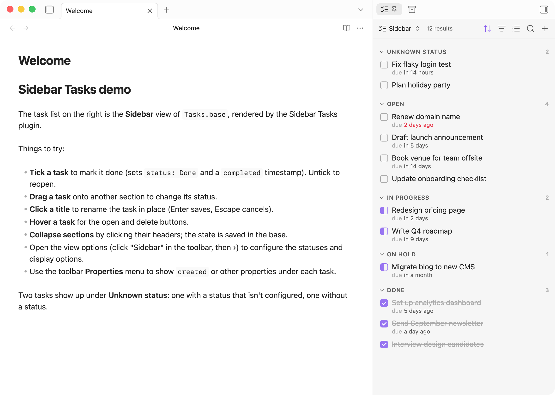 Sidebar Tasks