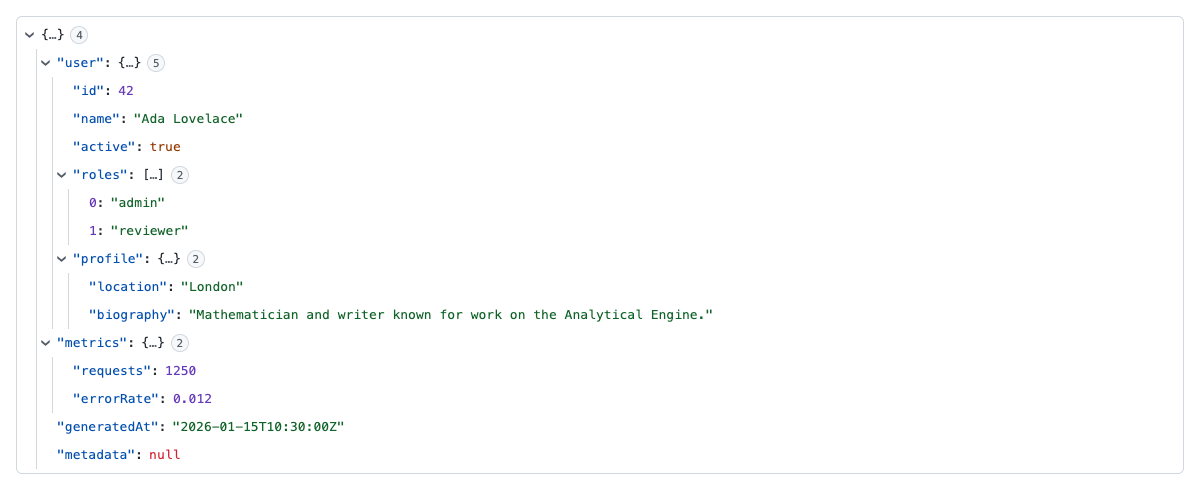 An expanded view-json-react tree showing nested user, role, profile, and metrics data