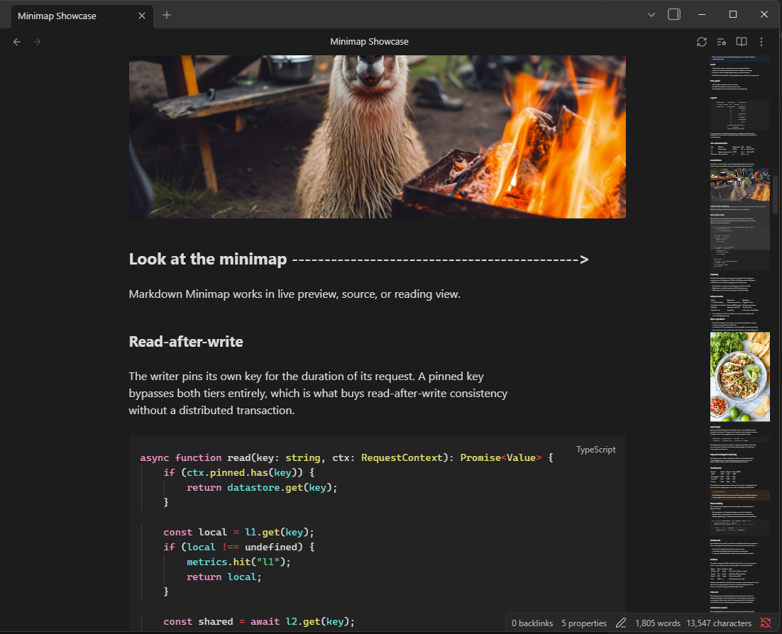 Markdown Minimap in Live Preview, showing a long note's headings, code blocks and images mapped in the panel on the right.
