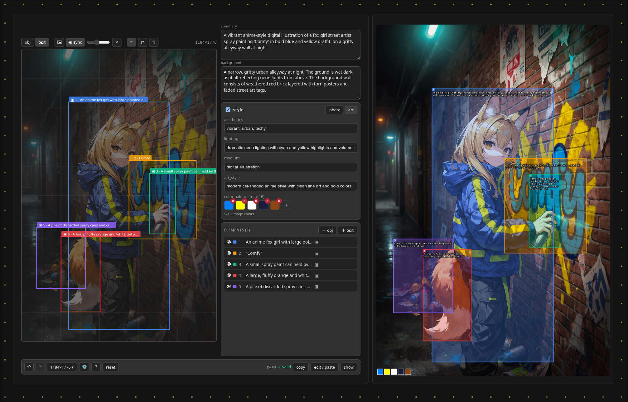 Ideogram Studio — bbox canvas, prompt/style/elements panels, live JSON, and the overlay composited over the generation