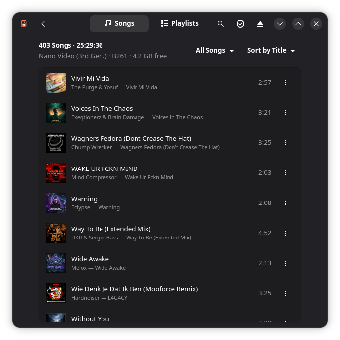 The songs on an iPod nano, shown in Oxipod