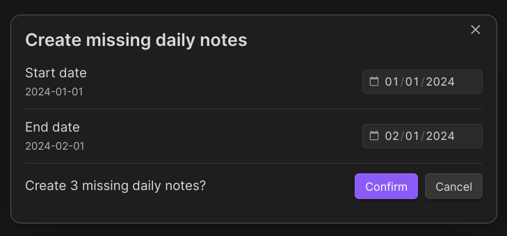 Create missing daily notes modal