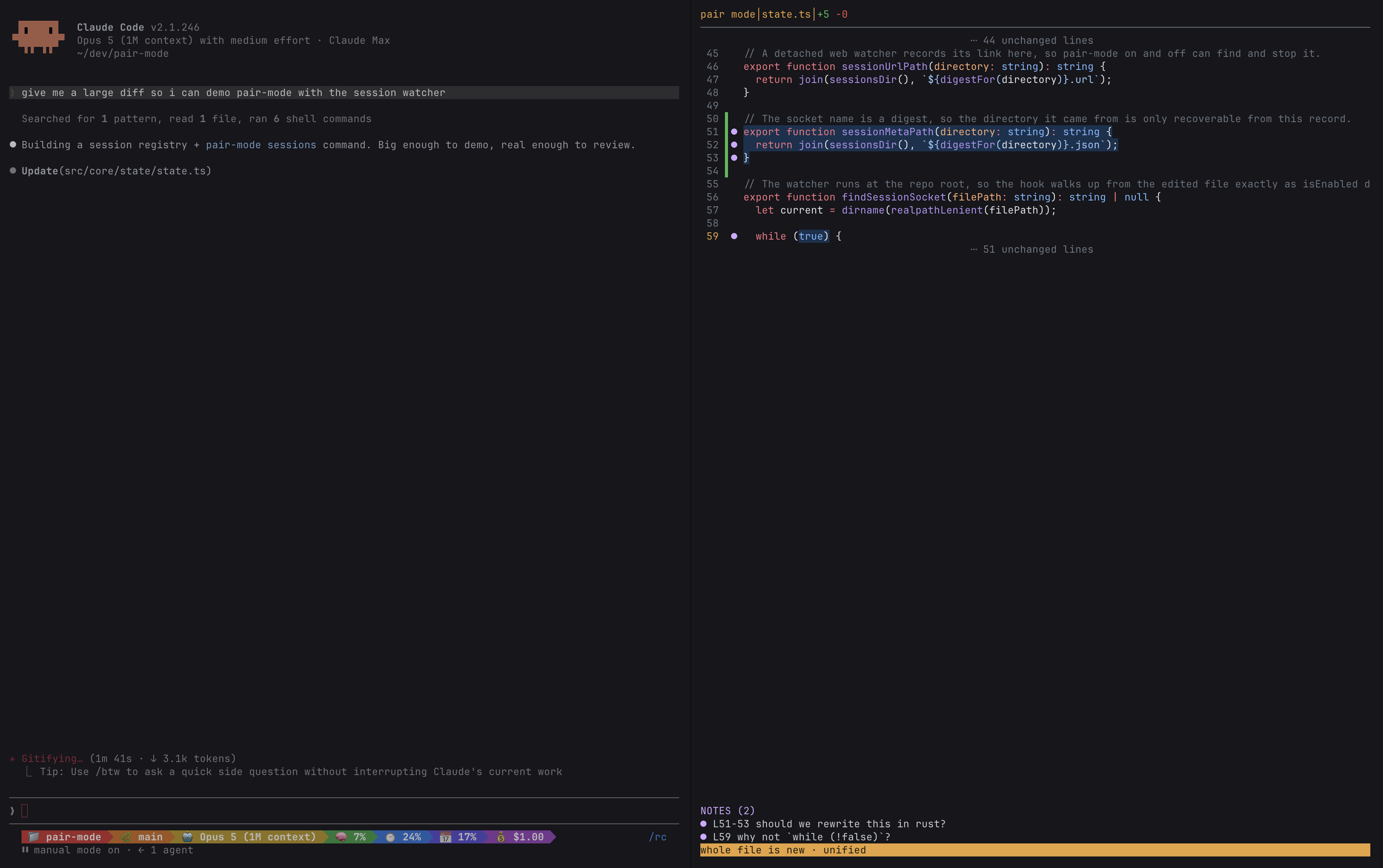 Claude Code on the left, the pair review pane on the right in a second terminal pane
