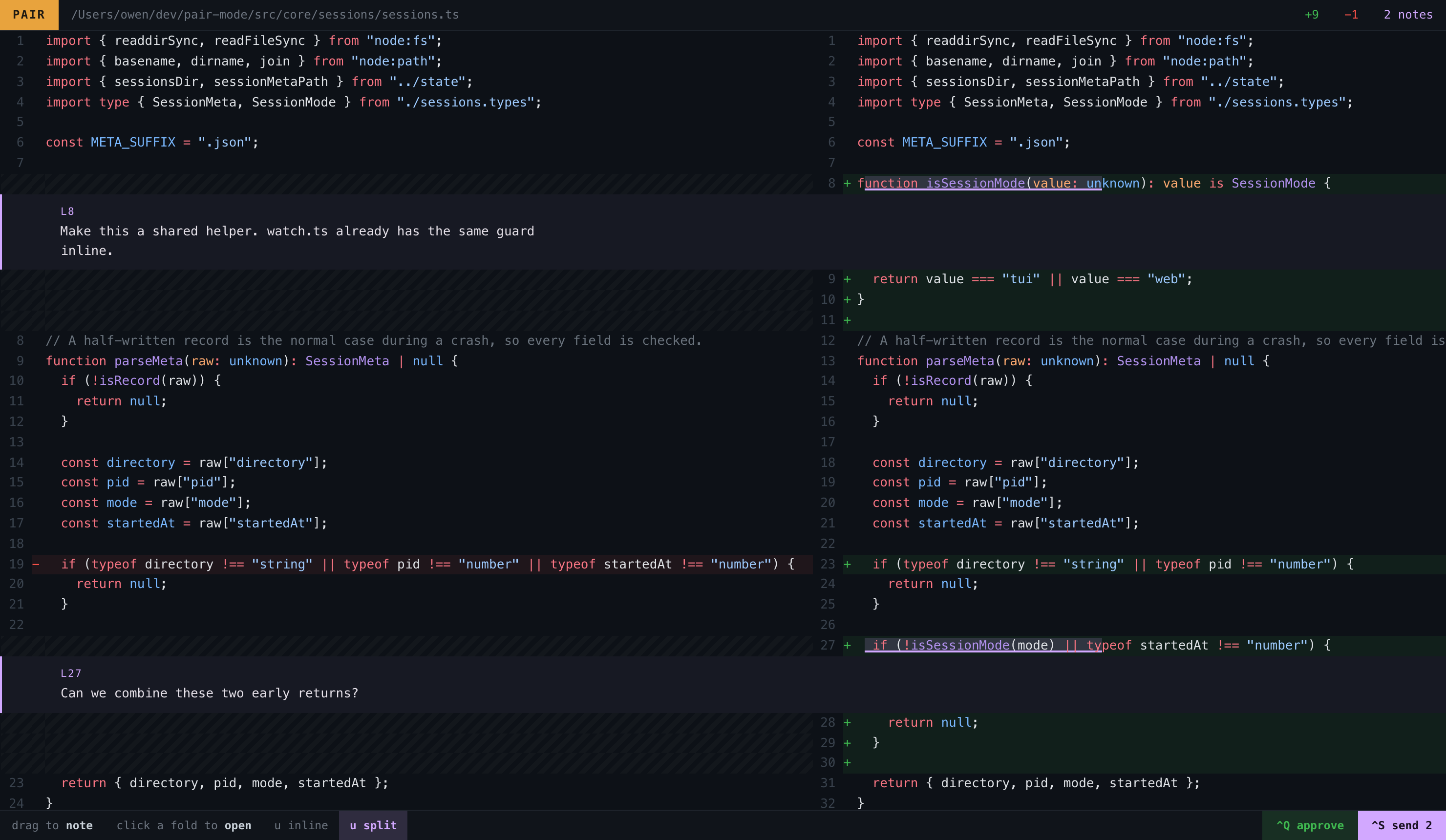 The split web layout, with a note threaded under the line it covers