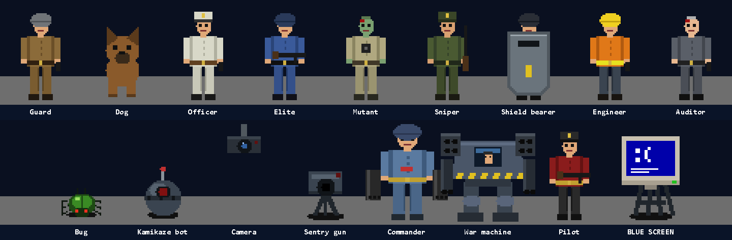 The cast of POLF 3D: guards, officers, elites, mutants, machines and bosses