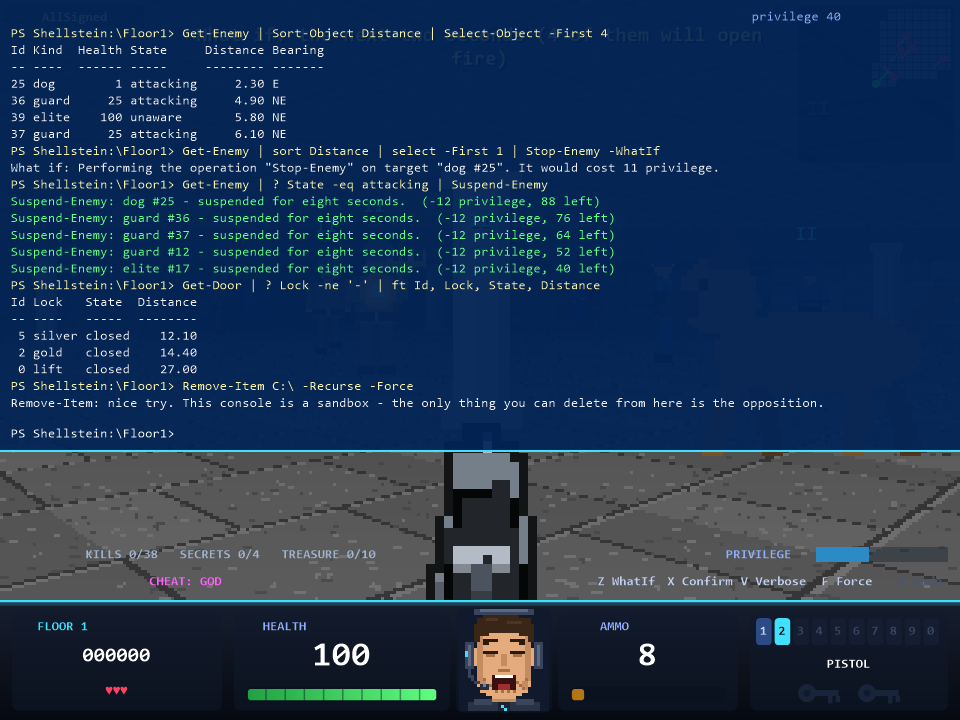 The in-game PowerShell console with a pipeline that lists the nearest enemies