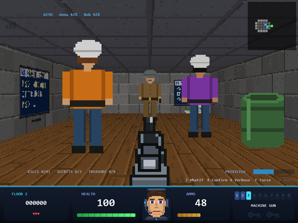 Two co-op teammates run ahead through a corridor, each in the colour of their slot