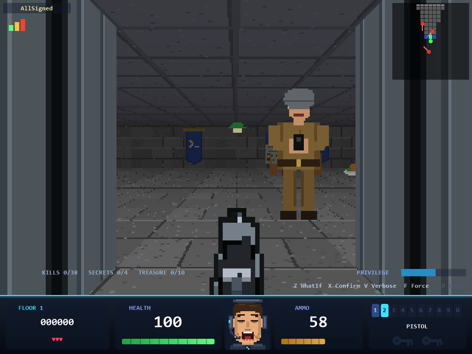 A guard takes aim, seen through a door frame; the execution policy is shown in the top left corner
