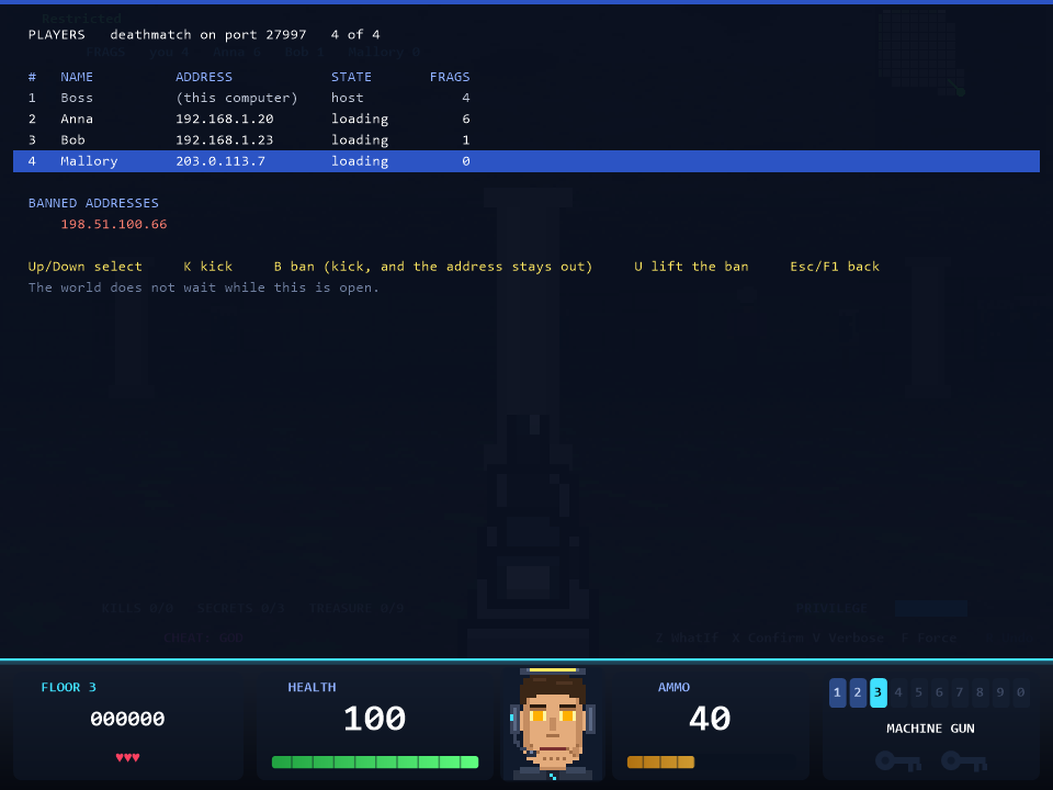 The player list of a network game, an admin panel on the host
