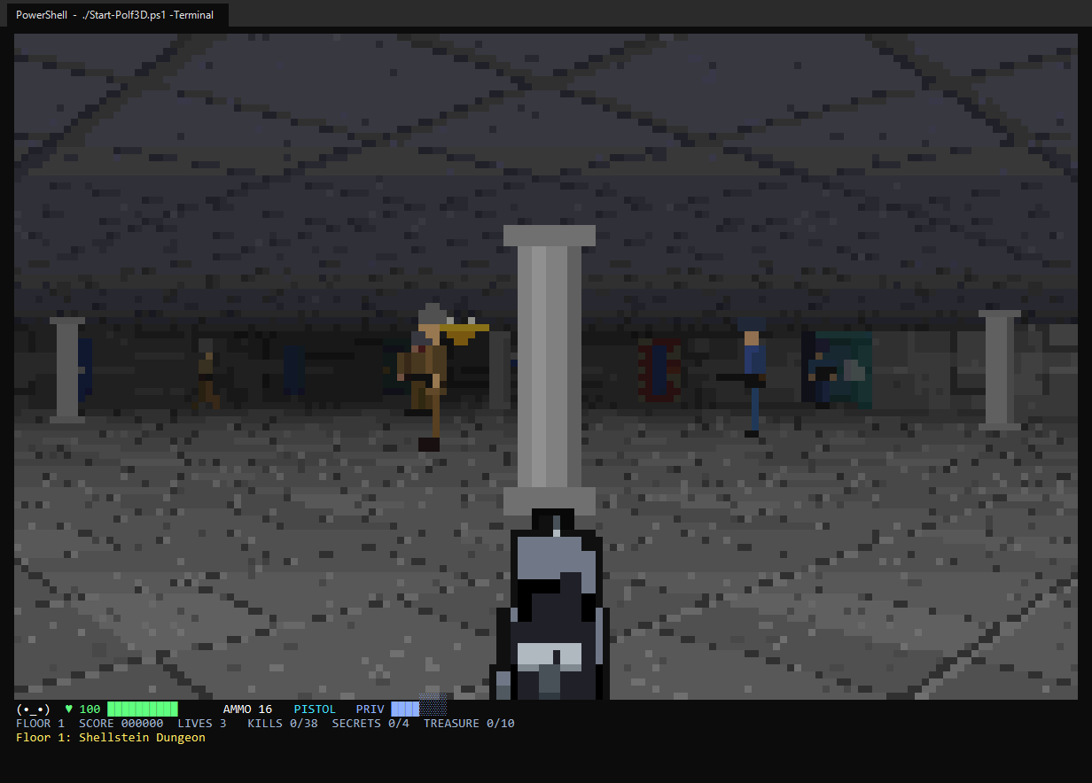The game rendered as half-block characters in a terminal
